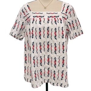 Multiples | Cotton Embroidered red/white/blue lined blouse Sz L